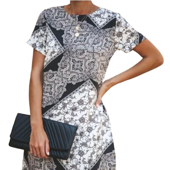 VICI Black White Paisley Mini Dress Small Patchwork Neutral Chic Quiet Luxury - Picture 1 of 6